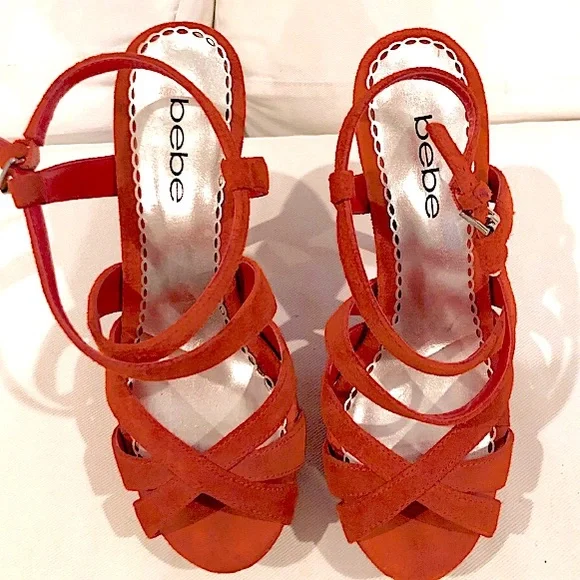 (EUC) BeBe Vibrant Burnt Orange Suede Ankle Strap Stiletto Platform Heels 👠 - Picture 2 of 4